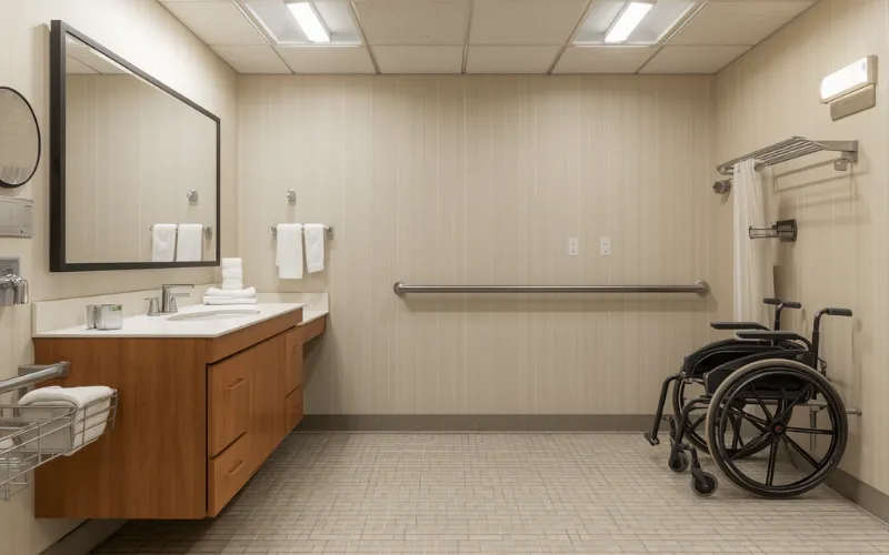Wall-hung vanity with wheelchair clearance underneath for accessible granny flat bathroom