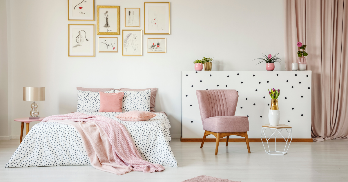 Granny flat bedroom feature wall ideas showing wallpaper accent wall in compact bedroom