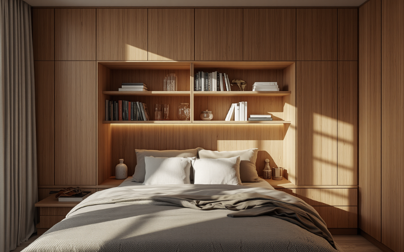 Bedside nook with built-in storage for granny flat bedroom integrated nightstand shelving