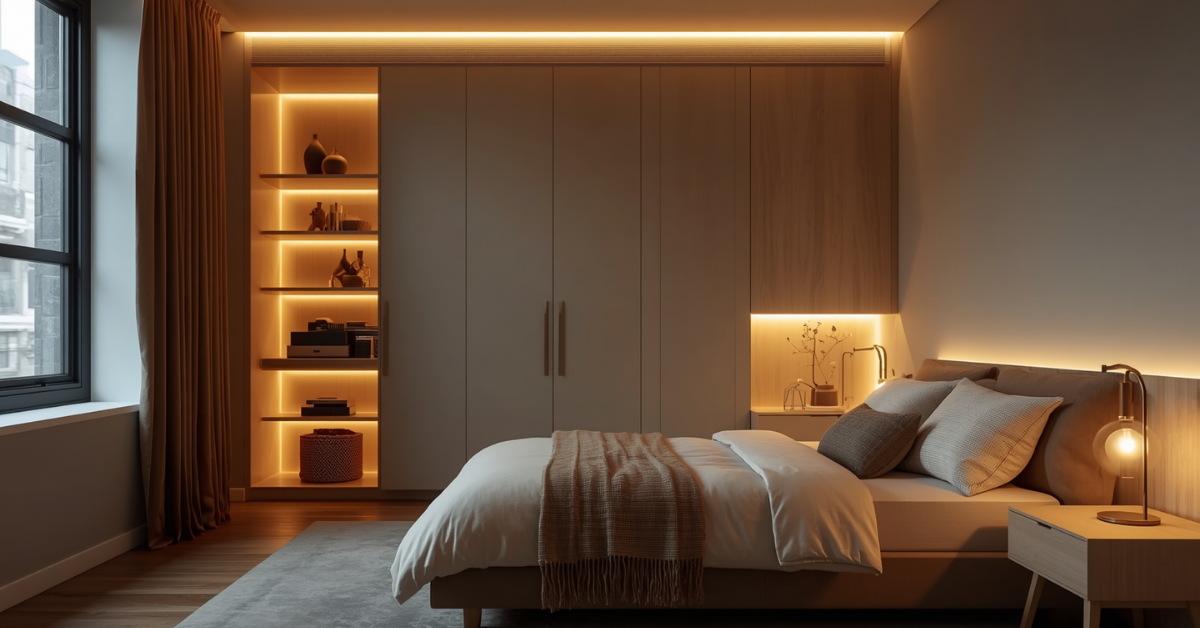 Granny flat bedroom storage ideas showing built-in wardrobe in compact modern bedroom