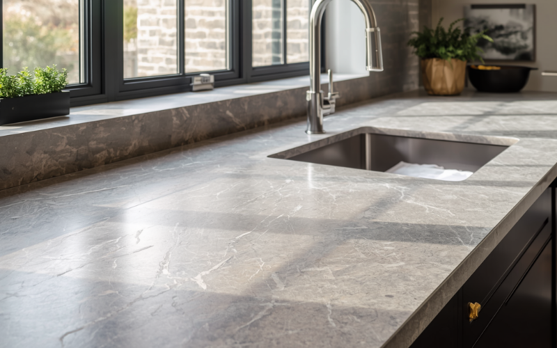 Stone-look laminate benchtop in a granny flat kitchen — affordable alternative to real stone