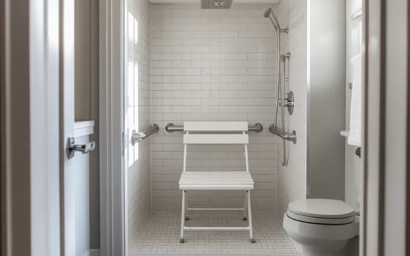 Fold-down shower seat timber style for accessible granny flat bathroom modern design