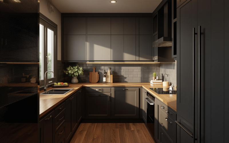 Galley kitchen with dark cabinetry in a granny flat