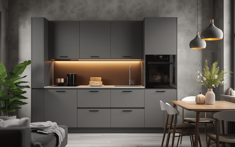 Handleless grey granny flat kitchenette with clean uncluttered look