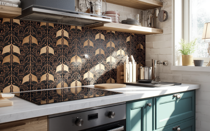Granny flat kitchenette with patterned splashback adding character to compact space