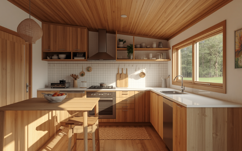 L-shaped timber-look kitchen layout in a granny flat