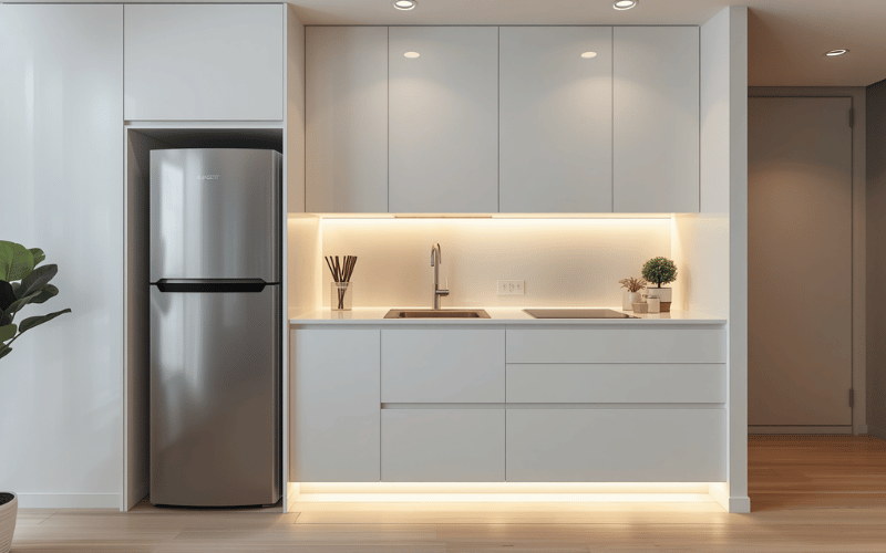 Minimal white granny flat kitchenette with 1.8m bench run and bar fridge