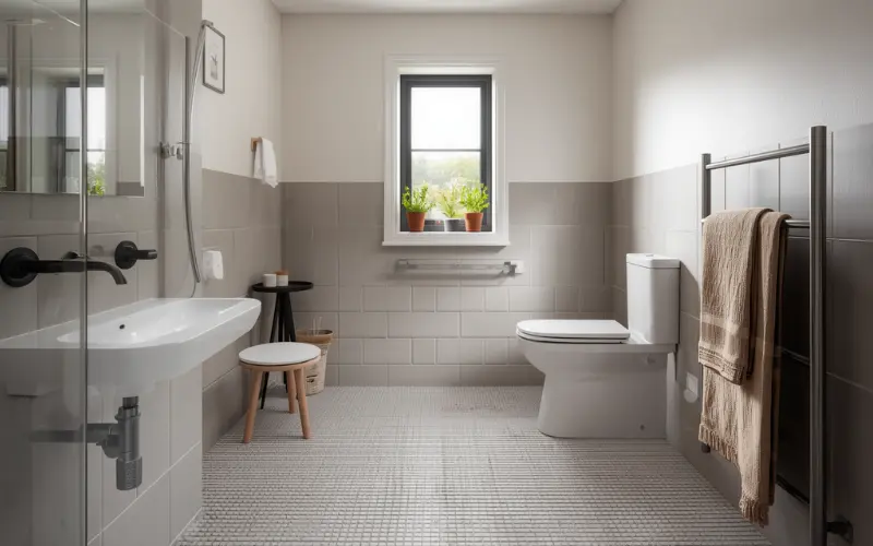 Non-slip floor tile textured wet area rated for accessible granny flat bathroom safety