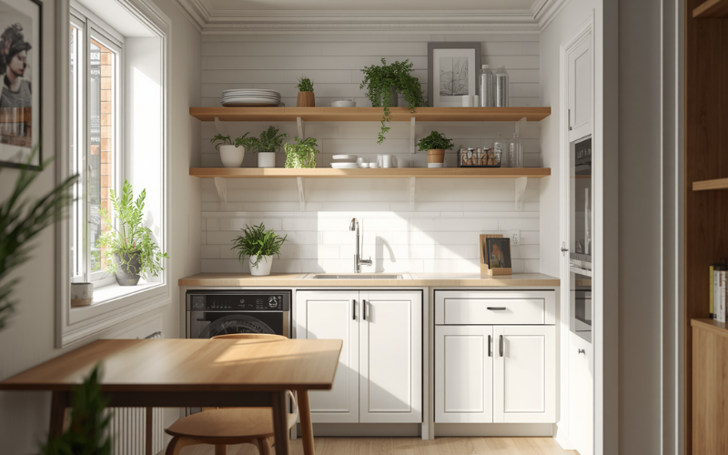 Open shelf granny flat kitchenette with no overhead cabinets for airy feel