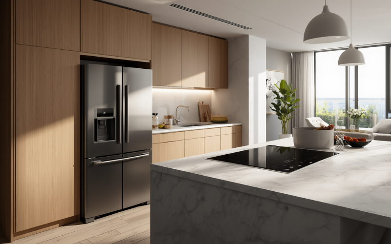 Premium integrated granny flat kitchenette with concealed appliances and stone bench