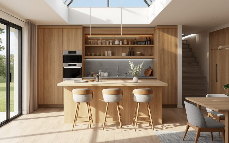 Timber-finish granny flat kitchenette with breakfast bar for compact dining