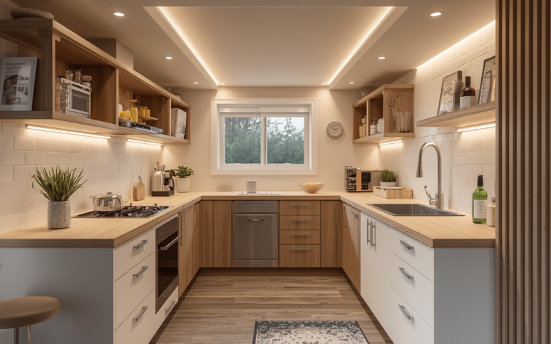 U-shaped kitchen layout in a 60 sqm granny flat