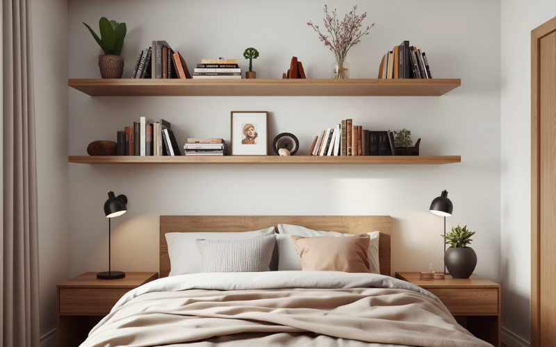 Wall-mounted floating shelves for granny flat bedroom books and decor display storage