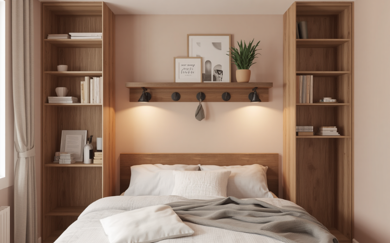 Wooden wall shelf with hooks for granny flat bedroom Enjoy the Wood style storage display