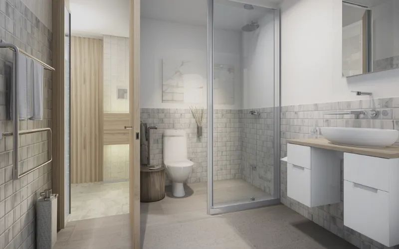 Wide bathroom doorway at least 850mm clear opening for accessible granny flat design