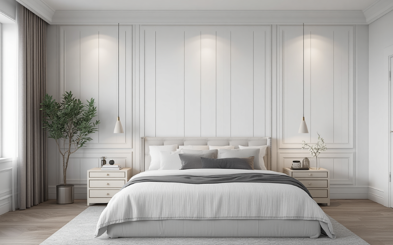 Board and batten shiplap textured white feature wall for granny flat bedroom Hamptons style