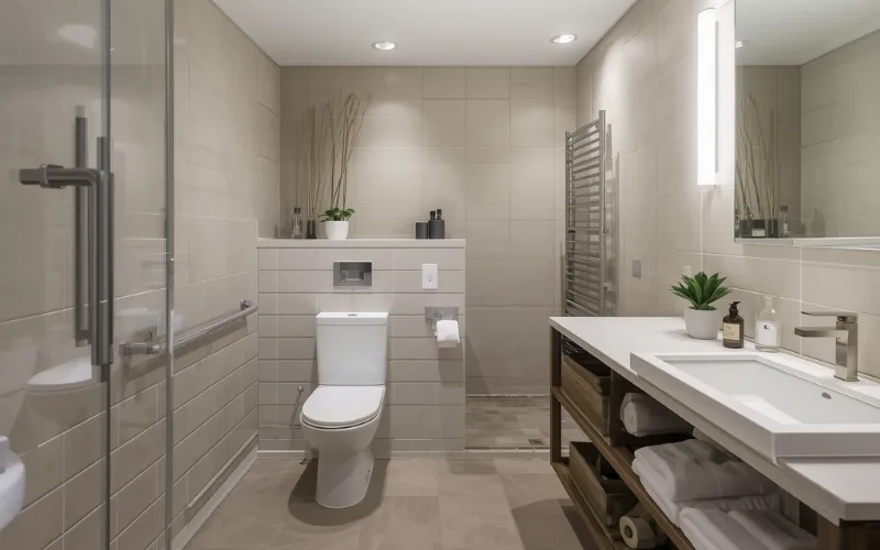 Complete accessible granny flat bathroom styled modern feel not clinical or institutional