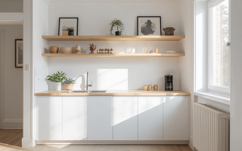 Open floating shelves instead of overhead kitchen cabinets in a compact granny flat