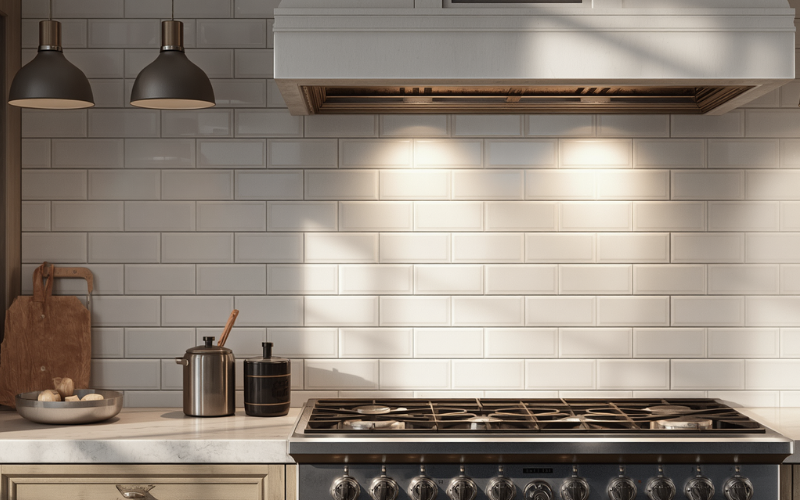 Classic white subway tile splashback in a budget granny flat kitchen