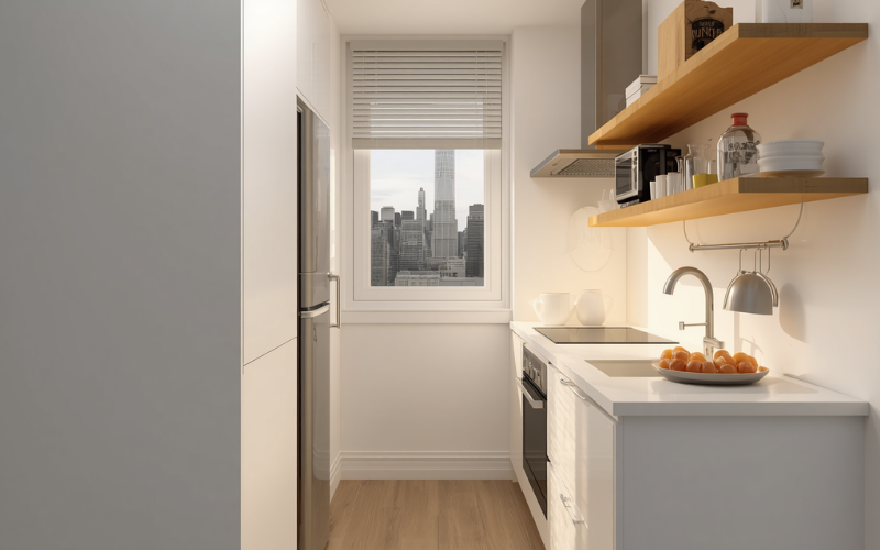 Flat-pack white galley kitchen in a budget granny flat build under $8,000