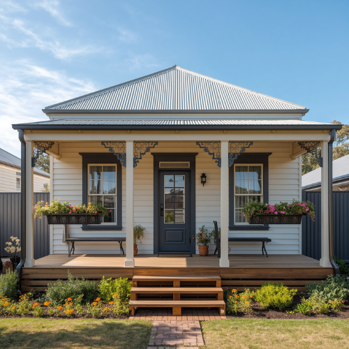 Heritage style cottage facade on Australian granny flat with timber weatherboard, front porch and corrugated iron roof, concept render