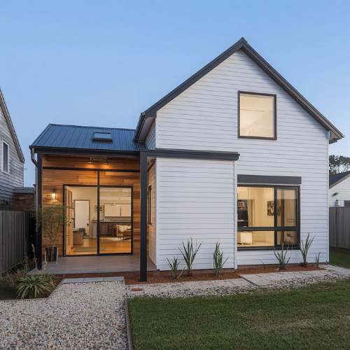 House exterior with mixed cladding — timber feature panel combined with white render walls, modern Australian home
