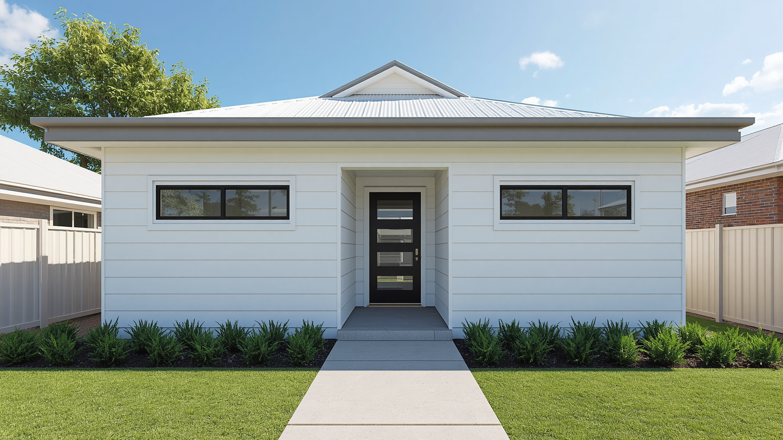 Granny flat cladding ideas — modern Australian granny flat exterior with white painted weatherboard cladding concept render