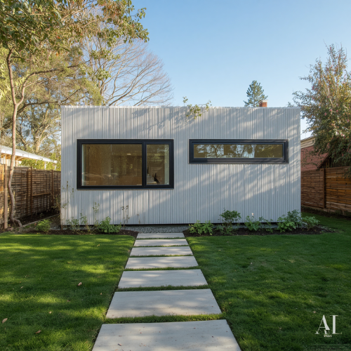 Prefabricated modular granny flat exterior, simple box form, fibre cement panels, neat garden path