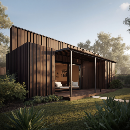 Vertical timber battens on house facade, dark stained wood, contemporary Australian residential exterior