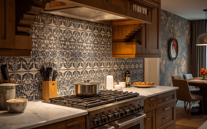Feature wallpaper used as splashback behind cooktop in a granny flat kitchen