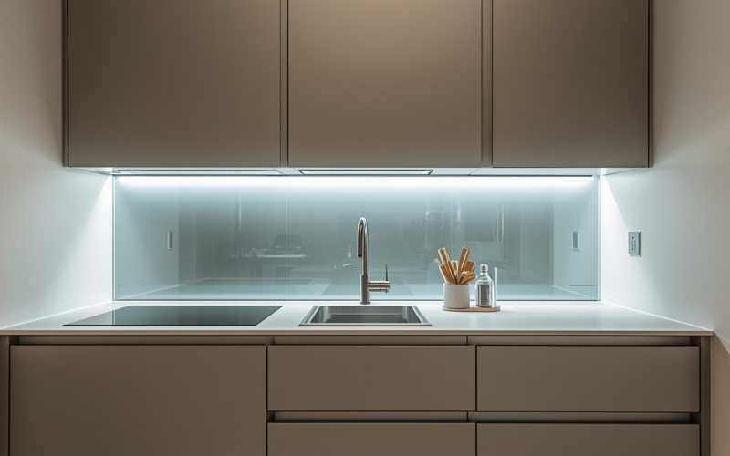 Toughened glass splashback in a modern compact granny flat kitchen