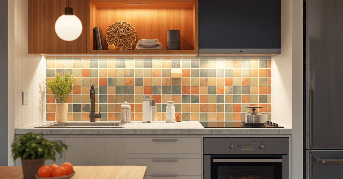 Granny flat splashback ideas showing feature kitchen splashback in a compact Australian kitchen