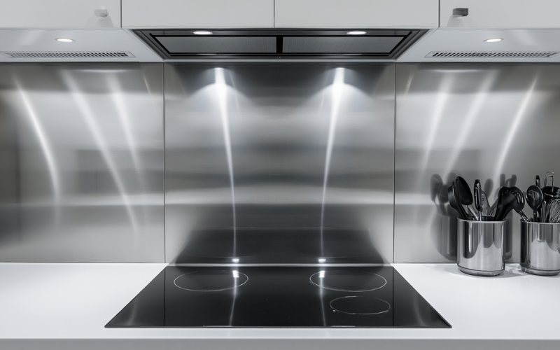 Stainless steel splashback behind cooktop in a granny flat kitchen