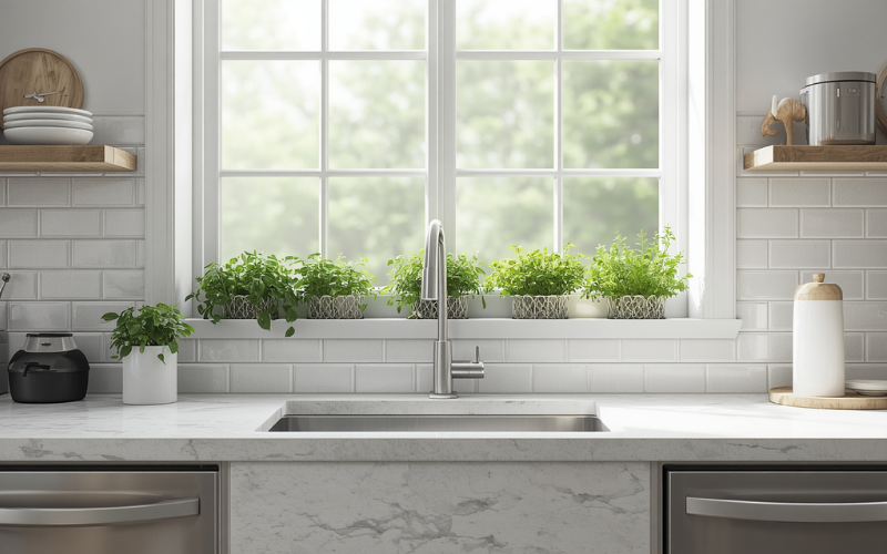White subway tile splashback in a compact granny flat kitchen